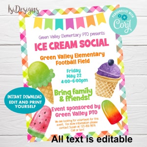 Ice Cream Social Editable Flyer, Instant Download, Ice Cream Fundraiser Flyer, Teacher and Staff Appreciation Week, Marketing Flyer