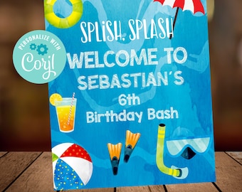 Swimming Party Welcome Sign, Editable Birthday Party Decoration, Instant Download