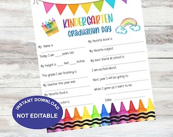 Kindergarten Graduation Interview Printable Kids Graduation Memory Page Last Day of School 8.5x11 PDF JPG