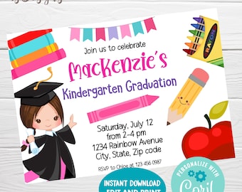 Editable Kindergarten Invitation, Instant Download, Girl Graduation Printable Invite, Preschool Graduation Invitation, Pre-k Party Invite