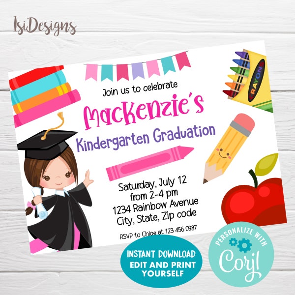 Editable Kindergarten Invitation, Instant Download, Girl Graduation Printable Invite, Preschool Graduation Invitation, Pre-k Party Invite
