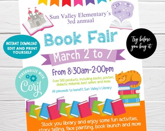 Book Fair Editable Flyer, School PTO/PTA Fundraiser Invitation, Book Sale Event, Instant Download Marketing Template