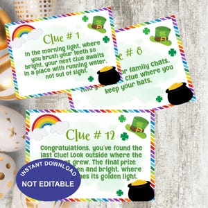 Puede incluir: Un conjunto de 12 tarjetas de pistas de búsqueda del tesoro imprimibles para el Día de San Patricio con un diseño de arcoíris, trébol y olla de oro. Las tarjetas incluyen el texto "Clue #1", "Clue #8" y "Clue #12".