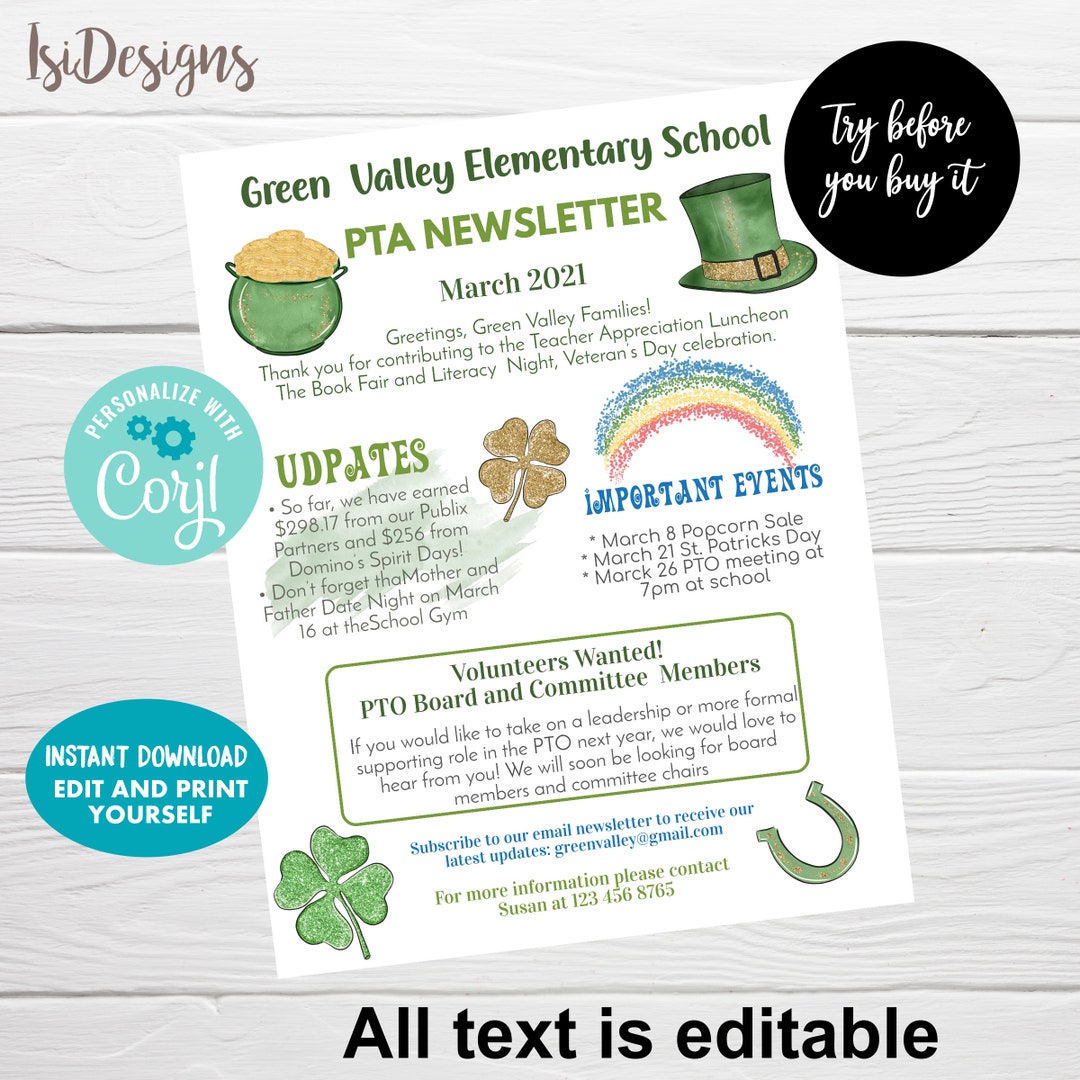 St Patrick's Newsletter, Instant Download, March PTO/PTA School ...