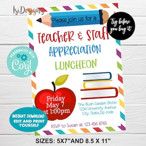 Luncheon Appreciation Editable Invitation, Instant Download, Teacher and Staff Appreciation Luncheon Flyer