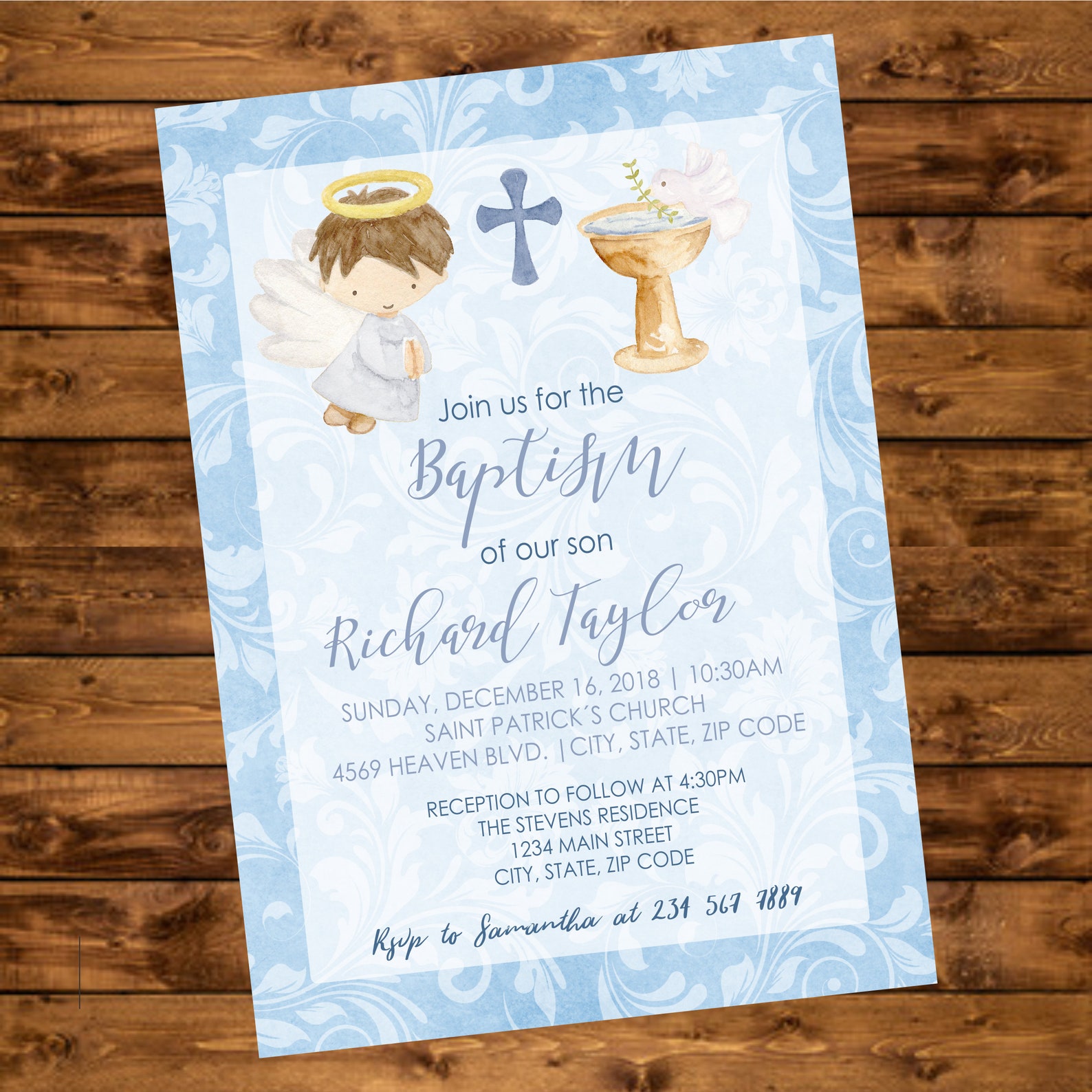 Blue Baptism Invitation Watercolor Angel Printable Invite | Etsy