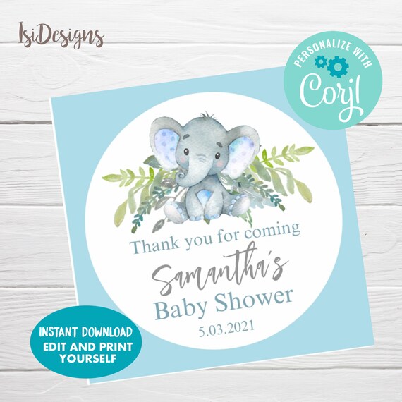 Elephant Favor Tags, Editable Labels for Baby Shower Favors, Printable Baby Shower Floral Blue