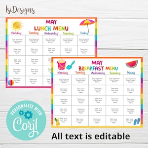 Planificateur mensuel de repas pour enfants, planificateur de repas familiaux, menu de déjeuner modifiable pour enfants, menu de déjeuner scolaire, plan de repas d'été