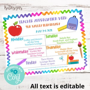 Editable Teacher Appreciation Event Calendar, Printable Appreciation Week Flyer, Take Home Flyer, INSTANT DOWNLOAD, Teachers Week Itinerary