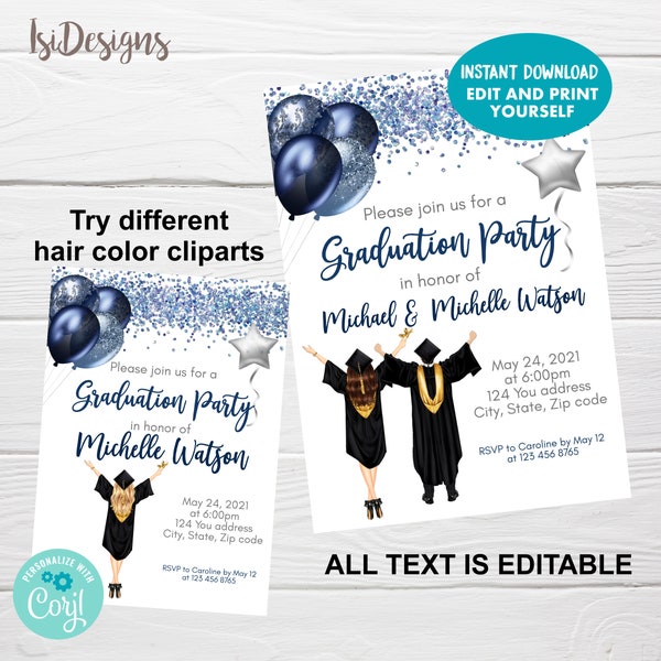 Graduation Invitation, Navy and Silver Graduation Announce, Editable College High School Senior Graduation Party Invitation