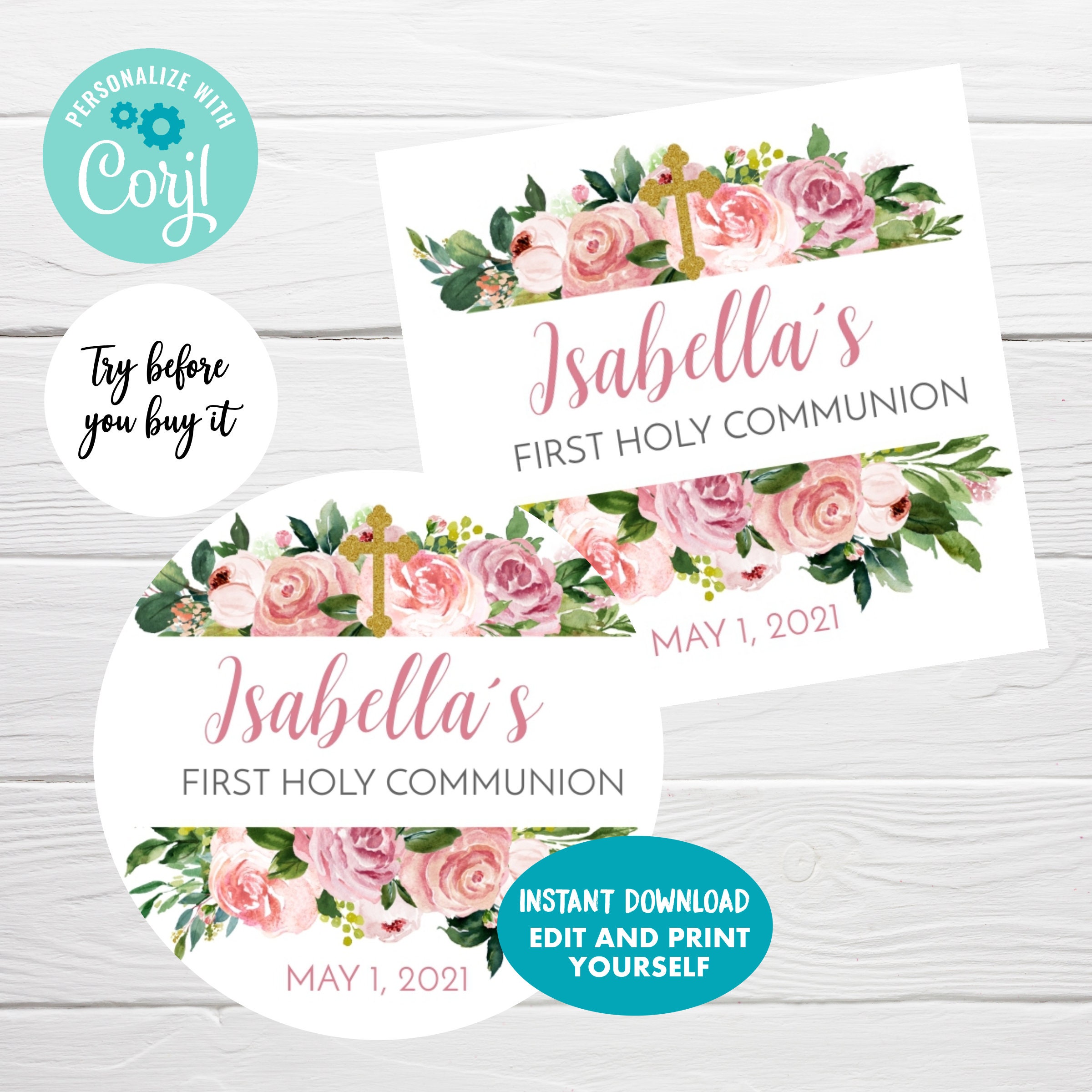 Floral communion gift tags Instant Download Editable Roses Favor Tags for communion favors Recuerdos Primera Comunion