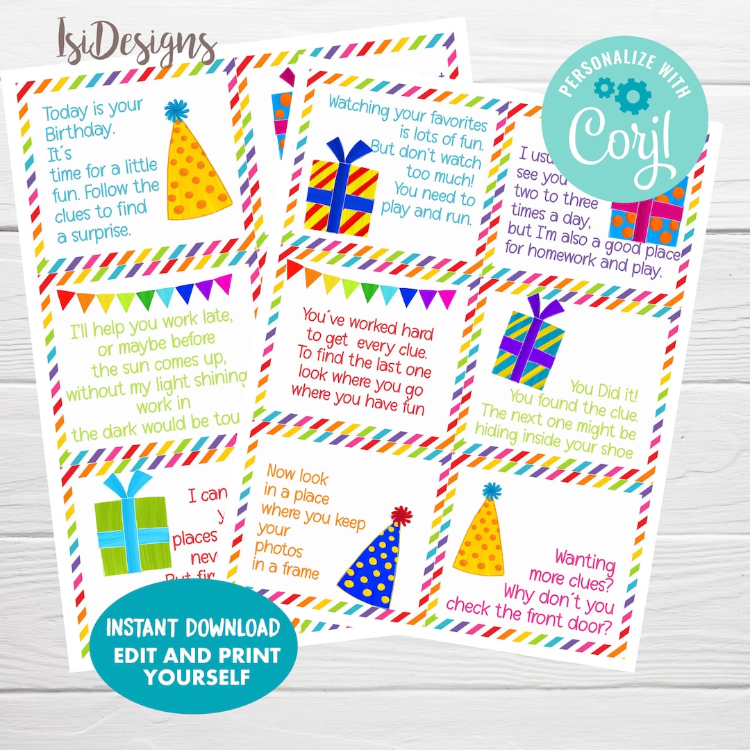 Editable Birthday Scavenger Hunt, Treasure Hunt Clue, Birthday Party ...