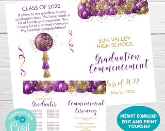 Graduation Program Template, Editable School Program, Graduation Ceremony Folded Booklet, College  High School 8th Grade Ceremony, Download