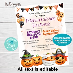 Pumpkin Carving Fundraiser Flyer, Editable Pumpkin Carving Invitation, Fall Harvest Festival Community Church School PTO Event Template