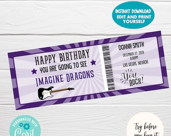 May include: A printable ticket in purple and white with the text "Happy Birthday You Are Going To See Imagine Dragons" and a black electric guitar. The ticket also has the text "Donna Smith December 27, 2019 8:00PM Las Vegas, Nevada You Rock!"