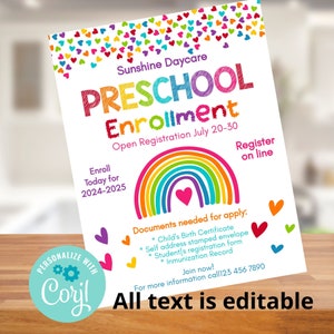 Flyer voor voorschoolse inschrijving, bewerkbare registratieposter voor kinderopvang, direct downloaden, uitnodiging voor open huistoegang, inschrijving voor kinderopvang