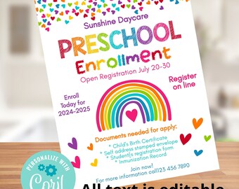 Preschool Enrollment Flyer, Editable Daycare Registration Poster, Instant Download, Open house Admission Invitation, Childcare Enrollment