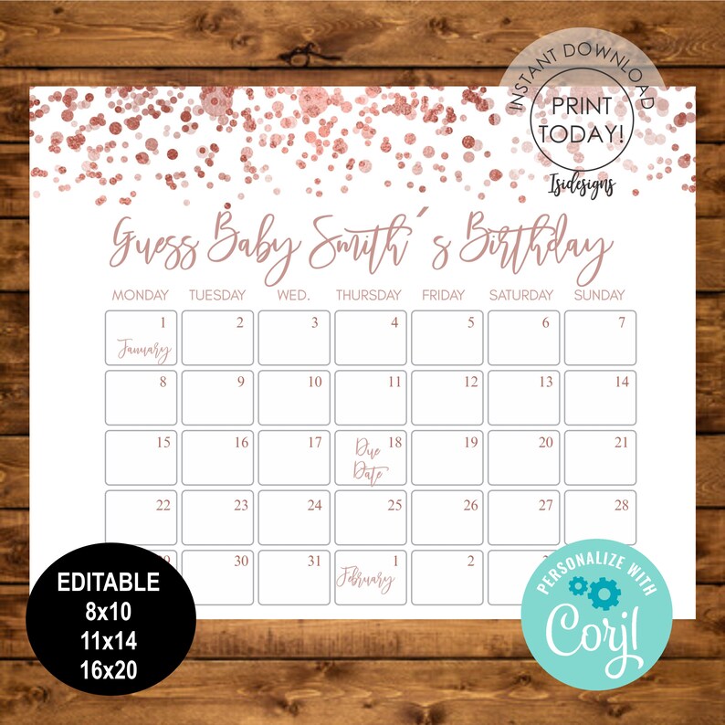 Instant Download Editable Baby Due Date Calendar Rose Gold Guess Baby Birthday Calendar Rose Gold Baby Shower Game