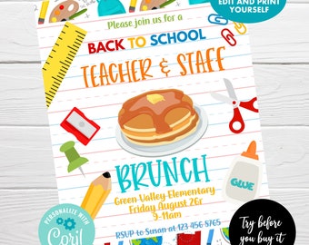 May include: A printable invitation for a back to school teacher and staff brunch. The invitation features a green background with a white lined paper pattern. The text reads "Please join us for a Back to School Teacher & Staff Brunch" with a stack of pancakes and school supplies like a ruler, pencil, scissors, and glue. The invitation also includes the date, time, and location of the event.