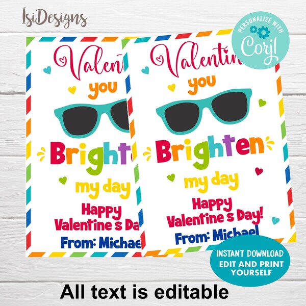 Valentine's Sunglasses Editable Gift Tags, You Brighten My Day, Valentine Preschool Tag, Instant Download, Sunglasses Valentine Kids Tags