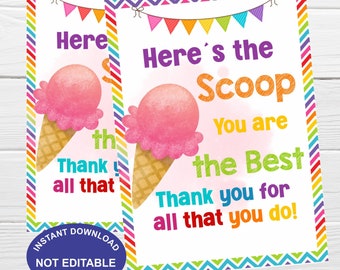 Ice Cream Gift Tag, Here's the Scoop Printable Appreciation Tags, Teacher Week Staff Employee Nurse Thank You Tags, Instant Download