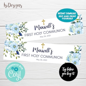 Communion water bottle label, editable watercolor blue floral favor label, first holy communion, baptism labels digital downloadm