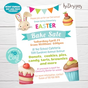 Puede incluir: Un folleto colorido para una venta de pasteles de Pascua en la escuela primaria Green Valley. El folleto presenta un conejo, cupcakes y el texto "Easter Bake Sale" en una pancarta azul y turquesa. La venta se llevará a cabo el sábado 24 de abril de 10:00 a. m. a 4:00 p. m. en la cafetería de la escuela. El folleto también incluye la dirección de la escuela y un mensaje que indica que todas las ganancias beneficiarán al albergue comunitario para mujeres.