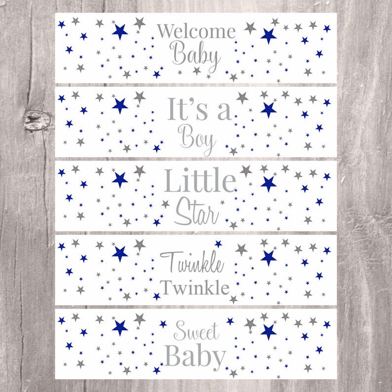 Instant Download Twinkle Little Star Boy Baby Shower Labels Baby Shower Water Bottle Label Royal Blue and Silver Stars Favor Labels