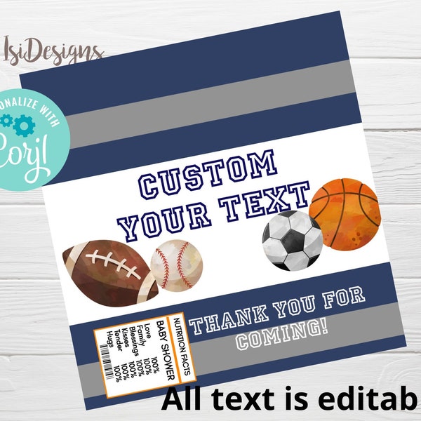 Baby Shower Sports Themed Chocolate Bar Wrapper, Editable Candy Wrapper, Instant Download, Personalized Sports Candy Wrap Favor Label