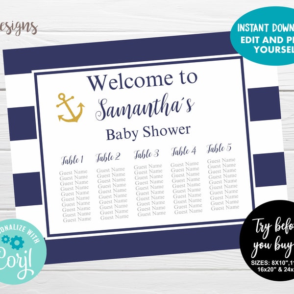 Editable Seating Chart, Printable Navy and White Nautical Chart, Instant Download