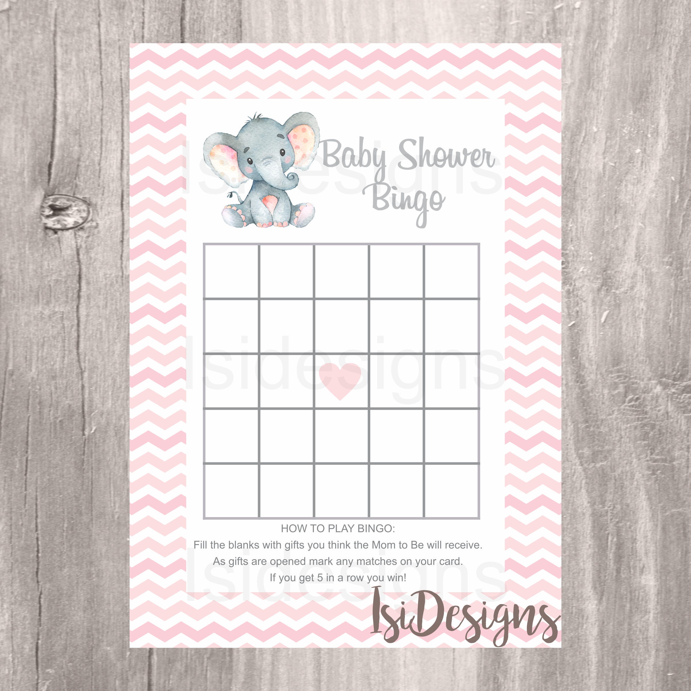 Pink Elephant Baby Shower Bingo