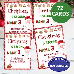 Puede incluir: Tarjetas de juego con temática navideña con bordes a rayas rojas y blancas. Las tarjetas presentan texto como "Christmas", "5 SECOND" y "NAME 3", junto con ilustraciones de Papá Noel y decoraciones festivas. Un círculo verde indica "72 TARJETAS".