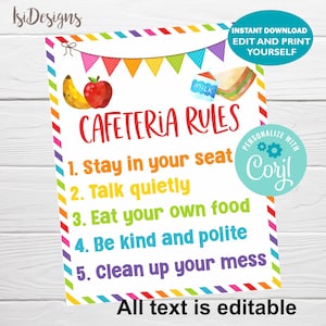 Lunchroom Editable Rules Sign, Instant Download, School Cafeteria Decoration, Teacher Lounge Room Sign, Cafeteria Wall Art Decoration