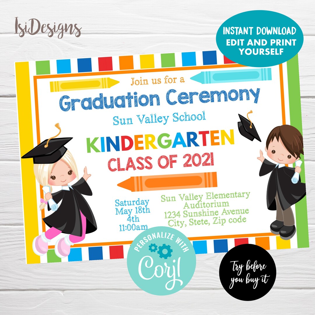 Kindergarten Graduation Ceremony Editable Invitation, Instant Download, Preschool Graduation Invite, Pre-k Invitation, School Party Invite - Etsy