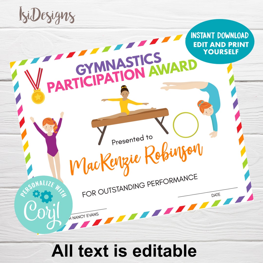 Gymnastics Editable Certificate, INSTANT DOWNLOAD, Dance Certificate