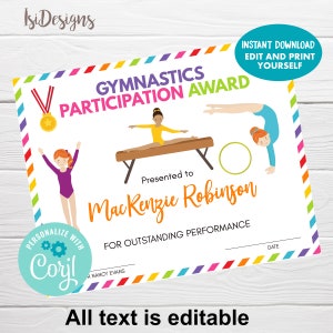 Bearbeitbares Zertifikat für Gymnastik, SOFORTIGER DOWNLOAD, Tanzzertifikat-Auszeichnung, Sportleistungsvorlage, Abschlussdiplom