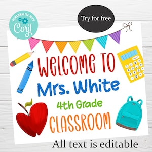 Welcome Classroom Sign, Instant Download, Editable Teacher Classroom Door Sign, Kindergarten, Preschool Sign Template, Back to School Sign