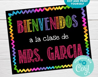 Spanish Class Editable Welcome Sign, Instant Download, Teacher Classroom Door Sign, Letrero de Bienvenidos Clase de Español