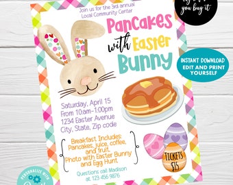 Pancakes with Easter Bunny Editable Flyer, Instant Download, Easter Brunch Fundraiser Event PTO/PTA School Church Community, Marketing Flyer