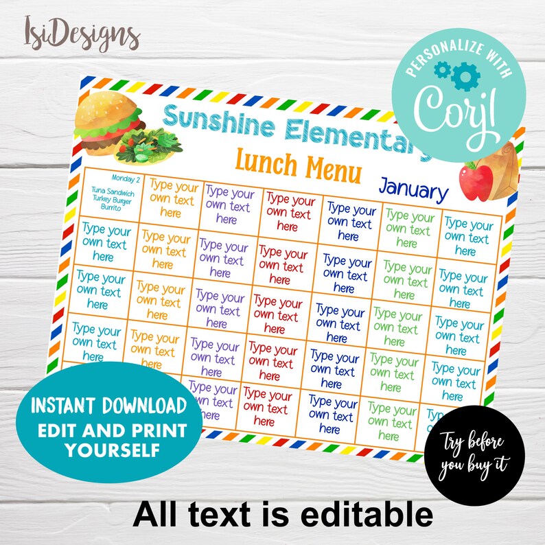 Editable Kids Lunch Planner, Meal Weekly Planner, Lunch Menu for ...