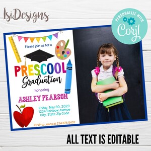Preschool Kindergarten Editable Invitation with Photo, Instant Download, Kindergarten Graduation Announcement Preschool Photo Invitation