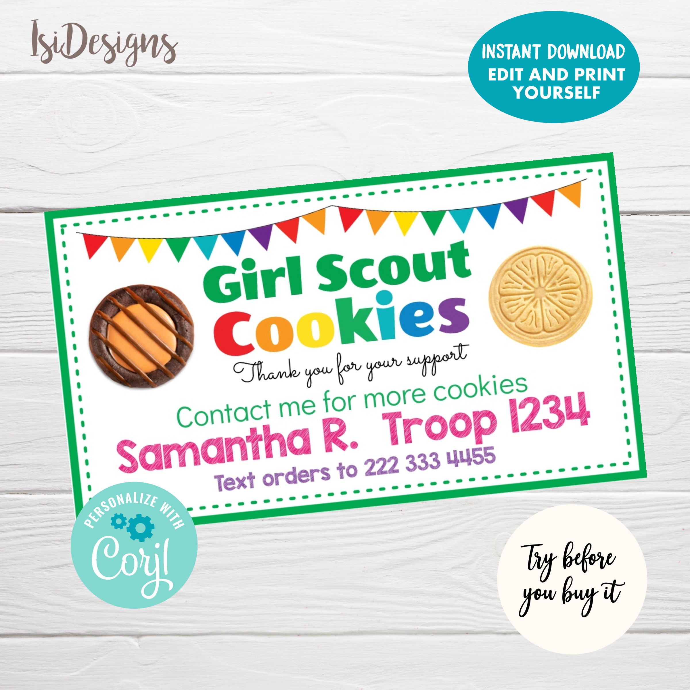 Cookie Thank You Tags Editable Cookie Booth Troop (Instant