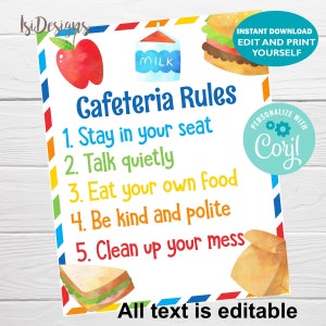 School Cafeteria Editable Rules Sign, Instant Download, Lunchroom Decoration, Teacher Lounge Room Sign, Cafeteria Wall Art Decoration