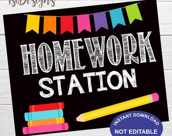 printing for homework Homework Station Signs, INSTANT DOWNLOAD, 8x10, Classroom Sign, Chalkboard Decoration