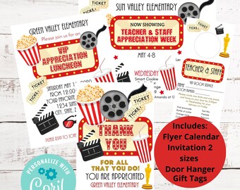 May include: Printable Teacher Appreciation Week flyer calendar, invitation, door hanger, and gift tags. The design features a red and white movie theater marquee with the text "Teacher & Staff Appreciation Week" and a gold Oscar statue.