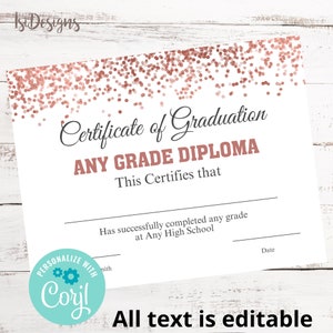 Rose Gold Graduation Certificate, Instant Download, College High School Graduation Editable Diploma, Achievement Certificate Template