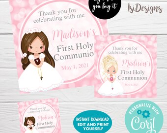 May include: Printable digital download of a pink and white first communion favour tag with a cartoon girl in a white dress and a crown. The tag says "Thank you for celebrating with me Madison's First Holy Communion May 1, 2021".