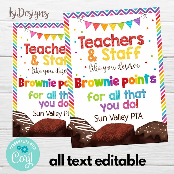 Teachers and Staff Like You Deserve Brownie Points, Brownie Teacher Appreciation Editable Tags, School PTO PTA Appreciation Tags, Download