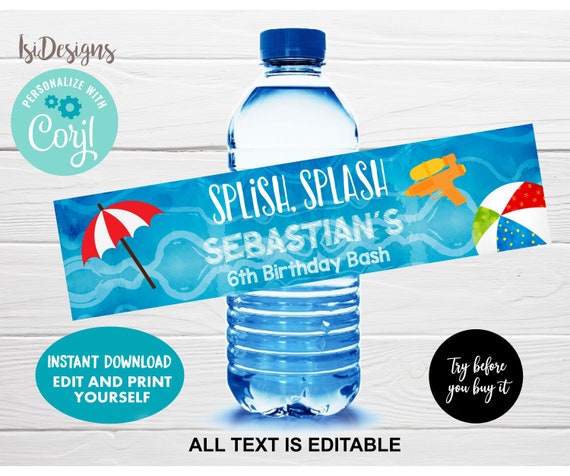 Pool Party Water Bottle Label, Instant Download, Editable Swimming Birthday Favor Labels, Pool Party Birthday Bash Decoration Il_570xn