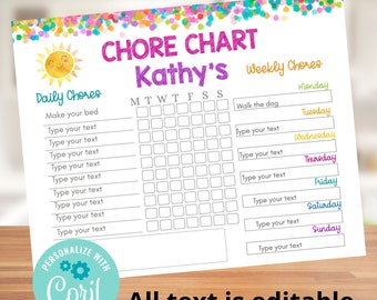 Puede incluir: Un cuadro de tareas imprimibles con un fondo de confeti colorido y un sol sonriente. El cuadro se titula "Chore Chart Kathy's Weekly Chores" e incluye una sección para las tareas diarias y una sección para las tareas semanales. La sección de tareas diarias tiene una lista de tareas que se pueden marcar, y la sección de tareas semanales tiene una lista de tareas que se pueden marcar para cada día de la semana. El texto del cuadro es editable.
